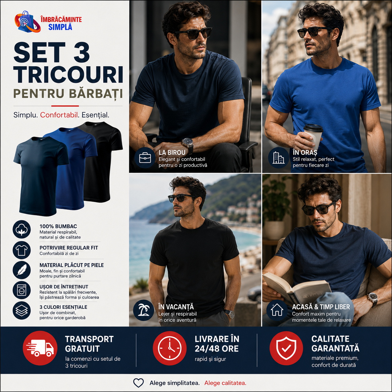 Set 3 tricouri bărbați 100% bumbac &icirc;n culori albastru marin negru și albastru